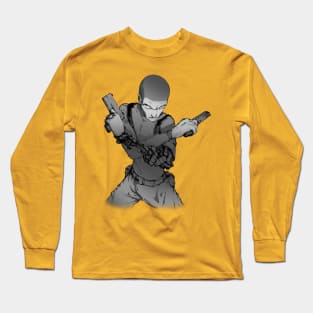 Cyberpunk detective policeman stands in a suggestive pose with two pistols and a hand with gears Long Sleeve T-Shirt